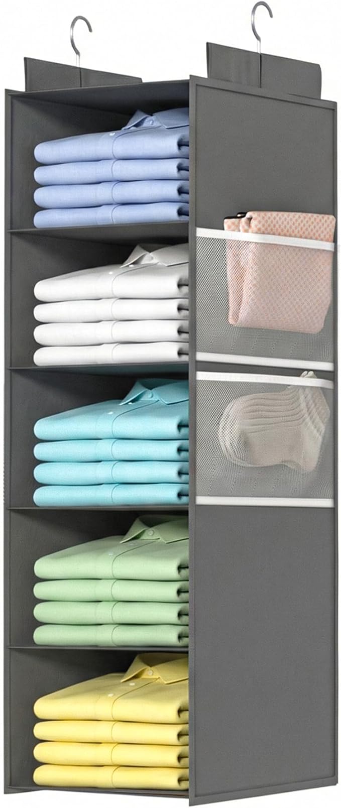 Deep Hanging Closet Organizers and Storage, Closet Hanging Storage Shelves with 5 Shelves and 4 Mesh Pockets, Heavy-Duty Closet Organizer for Clothes, Hats, and RVs and Dorm Essential,1-Pack, Grey by ALLTIDYUP