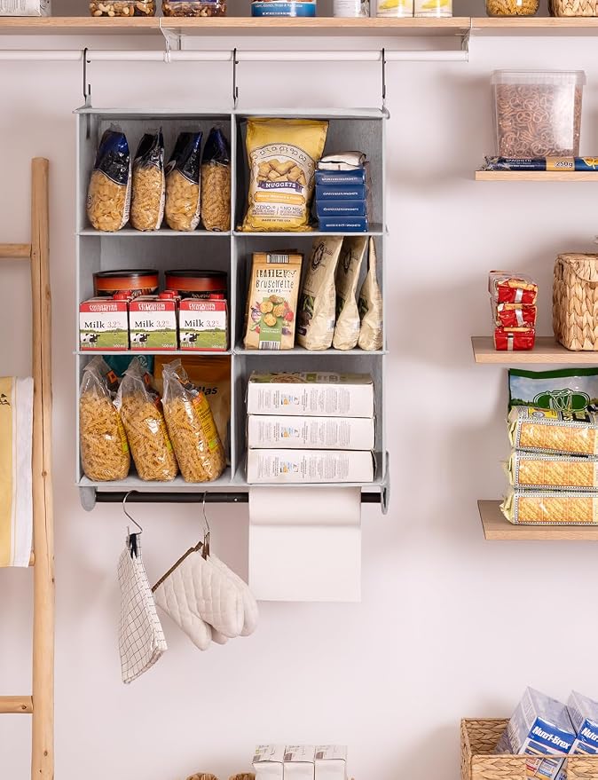 StorageWorks Hanging Closet Organizer with Rod, 6 Sections, 3 Tiers | Maximize Closet Space with 6 Open Sections and Built-in Rod for Hanging Clothes Below, Grey and White - Image 6