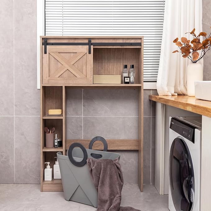 GIANTEX Over The Toilet Storage Cabinet - Freestanding Bathroom Organizer with Sliding Barn Door & Storage Shelves, Multifunctional Bathroom Toilet Rack for Bathroom, Restroom, Laundry (Rustic Brown) - Image 4