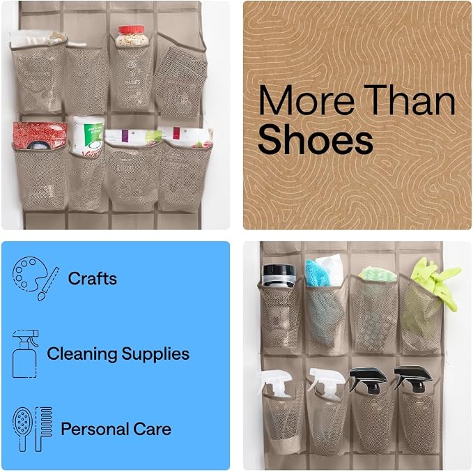 GORILLA GRIP Over the Door Shoe Organizer, 24 Large Pockets, Beige | Breathable Mesh Pocket, Space Saving Hanging Storage Holder, Closet Rack Hanger for Shoes, Pantry and Bathroom Accessories - Image 6