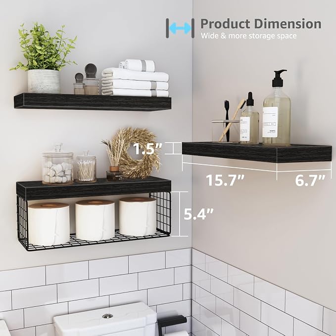 QEEIG Bathroom Shelves Over Toilet - Wall Mounted Floating Shelves Toilet Paper Storage Small Farmhouse Decor Shelf 16 inch Set of 3, Black (019-B3) - Image 3