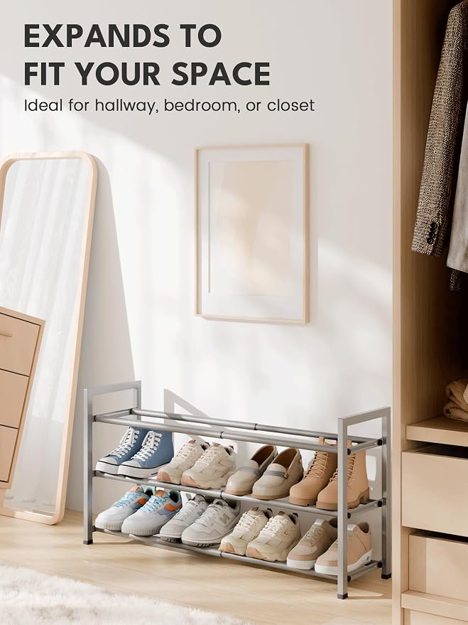 Bumusty 3 Tier Expandable Shoe Rack for Closet, Light Grey | 18"-33" Adjustable Shoe Rack for Entryway, Small Shoe Organizer for Dorm, Front Door, Sturdy Metal - Image 5