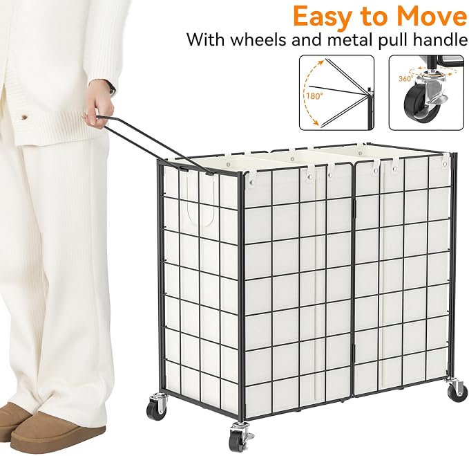 WOWLIVE Laundry Basket 3 Section with Wheels, Metal Rolling Laundry Hamper - Image 5