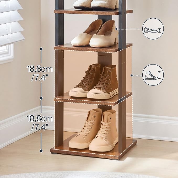 HOOBRO 10 Tiers Vertical Shoe Rack, Wooden Shoe Storage Organizer with Hooks, Narrow Shoe Tower for 10 Pairs, Space Saving, for Entryway, Living Room, Bedroom, Rustic Brown BF141XJ01 - Image 5