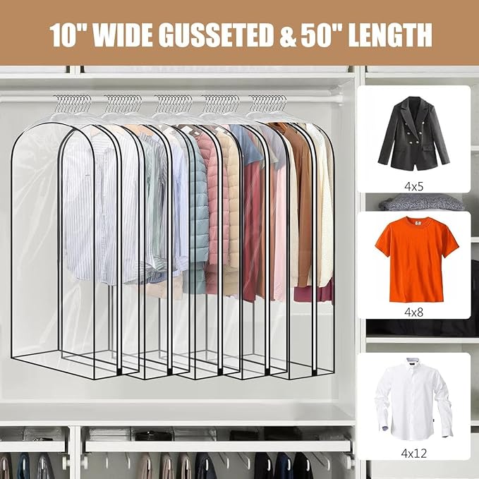 5 Pack 60" All Clear Garment Bags for Hanging Clothes Storage, 10" Gusseted Large Capacity Garment Rack Cover, Large Hanging Clothing Bag for Dress Gowns, Coats, Suit, Down Jacket - Image 3