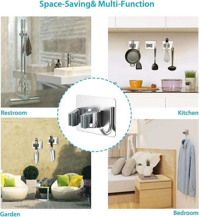 homeasy Mop Broom Holder No Drill, Mop Broom Organizer Wall Mounted Heavy Duty with Hooks Hanger, Self Adhesive Stainless Steel 4Pcs for Bathroom, Kitchen, Office (Silver) - Image 7