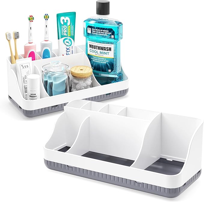 Bathroom Counter Organizer and Storage, 7 Slots Detachable Toothbrush Holders for Bathrooms, Anti-Slip Electric Toothbrush and Toothpaste Holder Countertop Vanity Organizer Accessories for Adults Kids by Homtalker