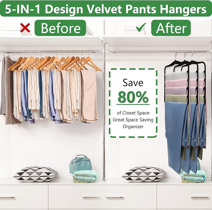 Pants Hangers Space Saving,5P Scarf Hangers for Closet Organizers and Storage,Non Slip Velvet Hanger for Closet Organizer,College Dorm Room Essentials,Heavy Duty Organization and Storage Jean Hangers - Image 2