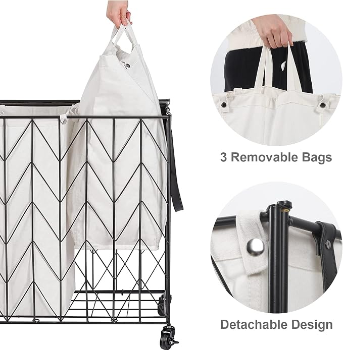 WOWLIVE Laundry Hamper 3 Section with Lid, 142L Laundry Basket with Wheels - Image 5
