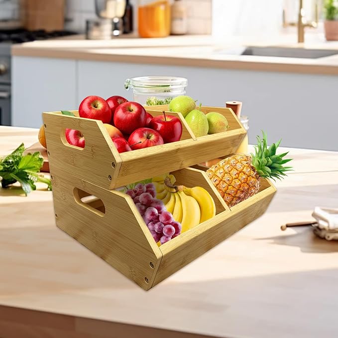 2-Pack Stackable Vegetable Storage Bins, Kitchen and Pantry Organizers and Storage Baskets, for Fruit, Vegetable, Produce, Bread, Potato Onion and Snacks, Bamboo Kitchen Storage Containers - Image 6
