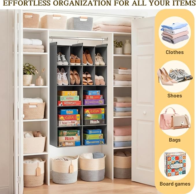 5 Tier Hanging Closet Organizer, 14 Compartments Dual Row Storage, Grey | Closet Organizers and Storage with Large & Small Pockets, 3 Sturdy Hooks Support Heavy Loads, Ideal for Dorm, Garment Rack - Image 6
