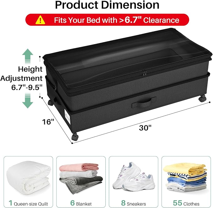 Kitstorack 2Pack Height-adjustable Under Bed Storage with Wheels, Under Bed Storage Containers,Under Bed Shoe Storage Organizer with Clear Window&Label, Suitable for Clothes Storage, Black - Image 2