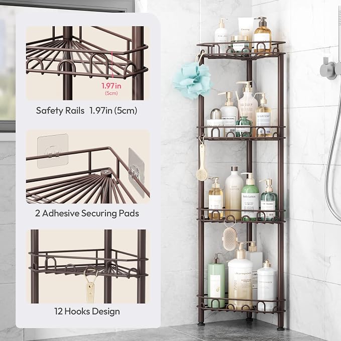 SWTYMIKI Standing Shower Caddy Corner - 4‑Tier Stainless Steel Shower Organizer Shelf with 12 Hooks and Adhesive Pads, Rustproof Corner Shelves Stand Rack for Bathroom Shower Room, Bronze - Image 4