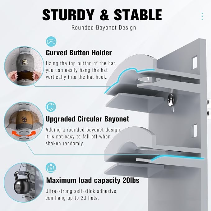 Hat Organizer for Baseball Caps 2Pack, Hat Rack for Wall with Strong Adhesive Hold up to 20 Hats, Hat Hanger Holder Display for Door Closet, Cap Organizer Storage Multilayer Two Mounting Option(Grey) - Image 3