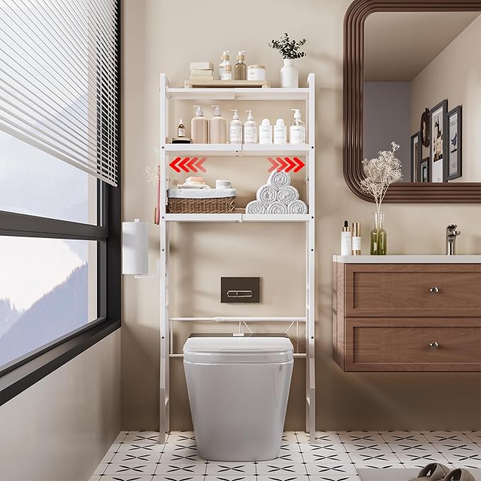 Over the Toilet Storage Shelf 3-Tier Adjustable Bathroom Organizers and Storage Shelves Bathroom Rack Above Toilet Storage with Paper Holder and 4 Hooks Space Saver Storage for Laundry - Image 2