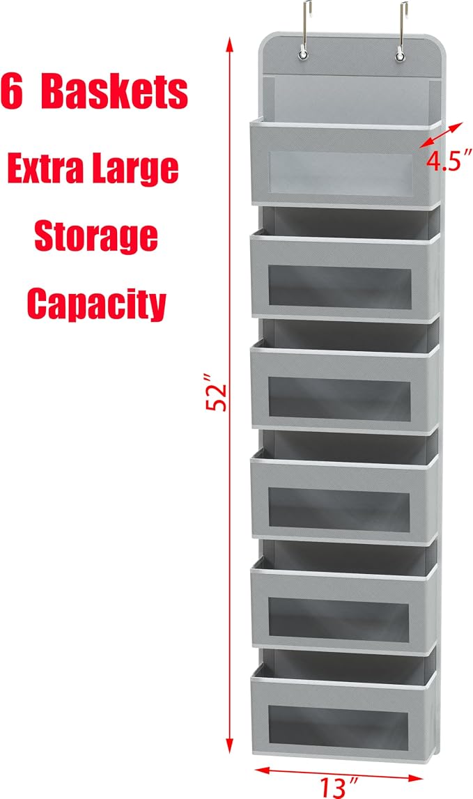 Simple Houseware 6 Clear Window Pocket Over Door Hanging Organizer, Gray - Image 2