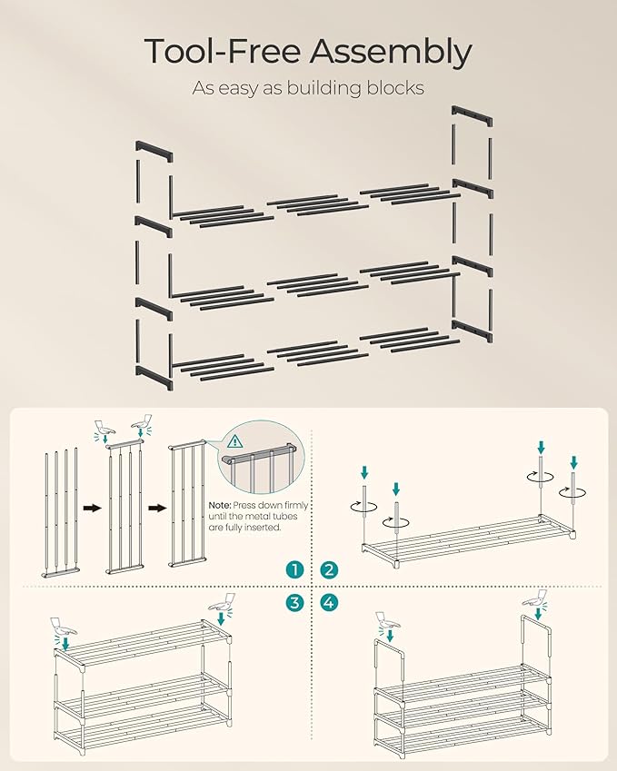 SONGMICS Shoe Rack, 3-Tier Shoe Organizer, Metal Storage Shelf | for Entryway, Upright or Upside Down, for 16-20 Pairs, Stackable, 11.8 x 36.2 x 21.7 Inches, Black ULSA303B02 - Image 5