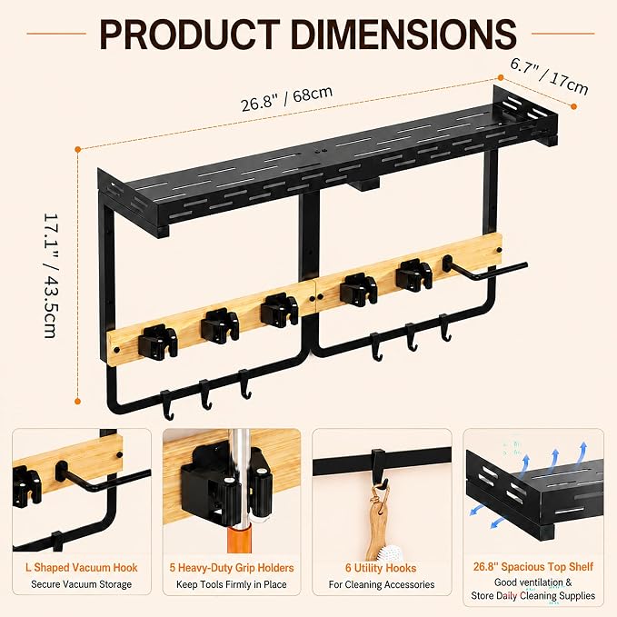 Mop and Broom Holder Wall Mount with Railing Shelf,3-in-1 Cleaning Storage Organizer,Storage Rack with Vacuum holder 5 Grips 6 Hooks for Laundry Utility Garages Closet, - Image 6