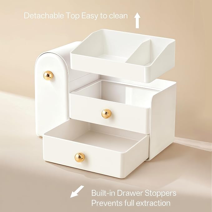 HBlife Makeup Organizer Countertop with Drawers, Vanity Organizers with Brush Holder, Bathroom Counter Organizer for Perfume, Nail Polishes, Lipsticks, Skincare and Eyeshadow Palettes, White - Image 5