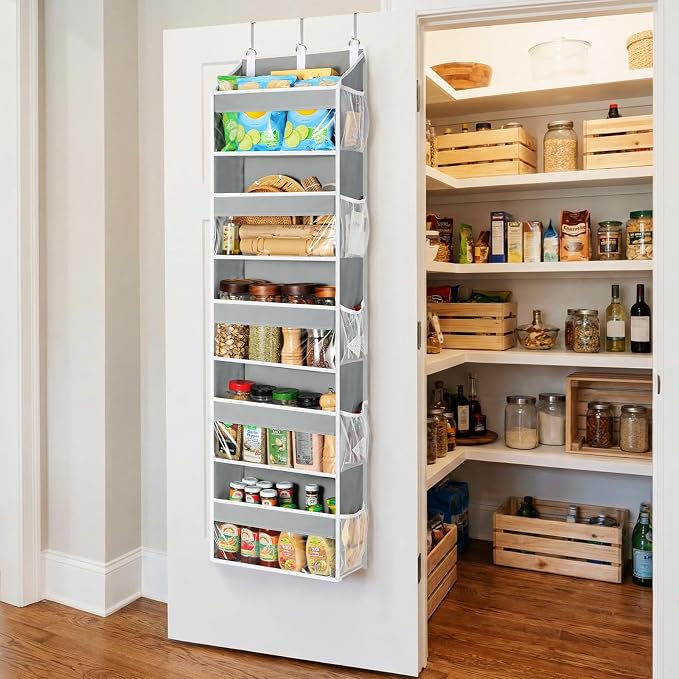 Yecaye Over the Door Organizer 5 Tiers, Heavy Duty Hanging Storage with 5 Large Clear PVC Pockets and 10 Side Pockets, 56lbs Capacity for Closet Door Bathroom Bedroom Nursery Dorm Laundry Room, Grey - Image 5