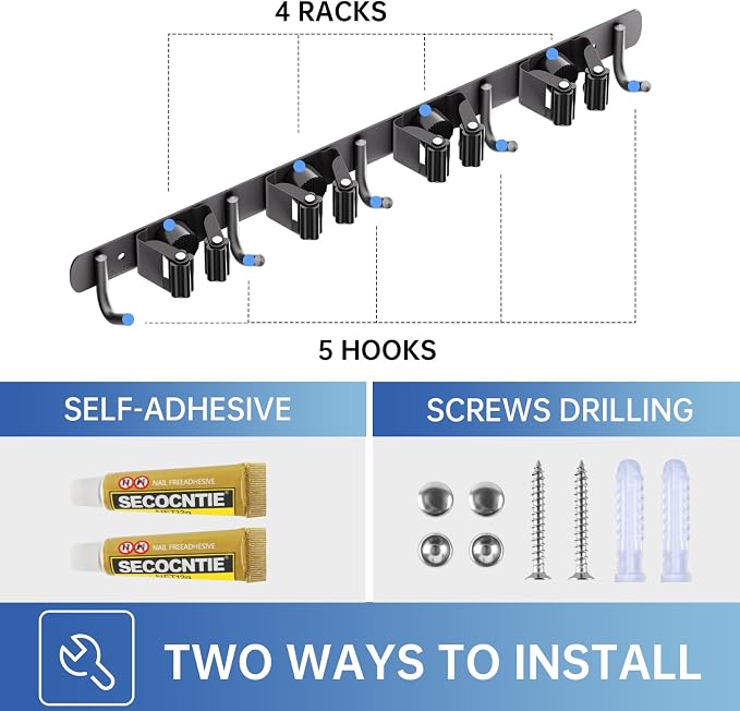 ZONGOOL Wall Mount Broom Holder 4 Racks 5 Hooks Metal Tool Organizer Black - Image 6
