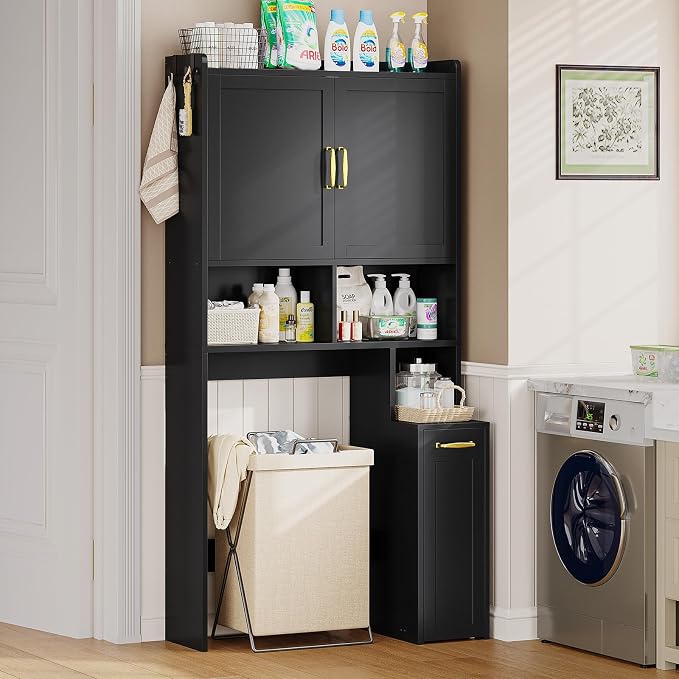 UPOSOJA Over The Toilet Storage Cabinet with Pulley Bathroom Storage Cabinet, Space Saver W/Adjustable Shelf & Open Shelf for Bathroom, Restroom, Laundry (Black) - Image 4