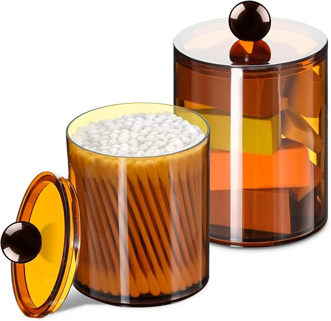 2 Pcs Acrylic Qtip Holder, Cotton Ball Holder Jars with Lids, Brown by XIPENGKEJI