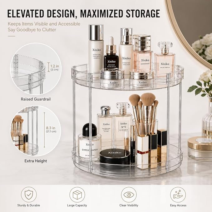 360° Rotating Bathroom Counter Organizer, 2 Tier Clear Makeup Organizer Vanity Storage for Skincare Perfume Cosmetics, Lazy Susan Spinning Storage for Bathroom Vanity Kitchen - Image 5