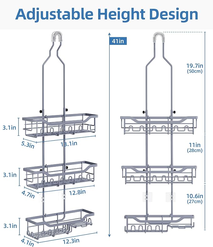 Adjustable Shower Caddy Hanging, Extended Length Organizer Over Shower Head, 3 Tier Long Neck Shower Rack with Soap Holder for Large Storage, Grey - Image 2