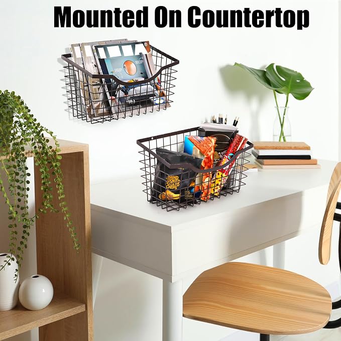Nicunom 2 Pack Cabinet & Wall Mount Basket, Large Metal Wire Basket Wall Mount Hanging Basket Over Cabinet Door Organizer Bin Grid Storage Baskets for Home Kitchen Bathroom Pantry, Bronze - Image 6