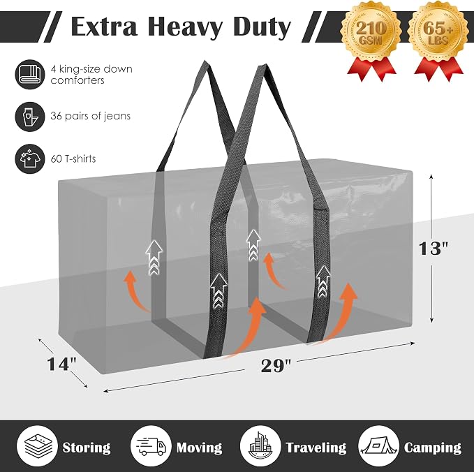 12 Pack Moving Bags with Full-Open Side Zipper, Extra Large 93L Heavy Duty Waterproof Foldable Storage Totes for College Dorm, Moving & Home Organization Black - Image 2