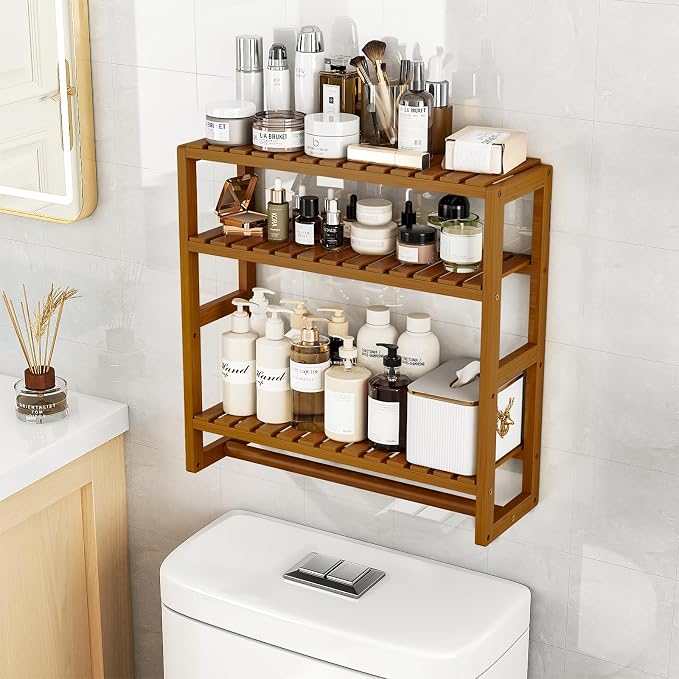 Galood Over The Toilet Storage Bathroom Shelves Wall Mounted 3 Tier Brown-L - Image 5