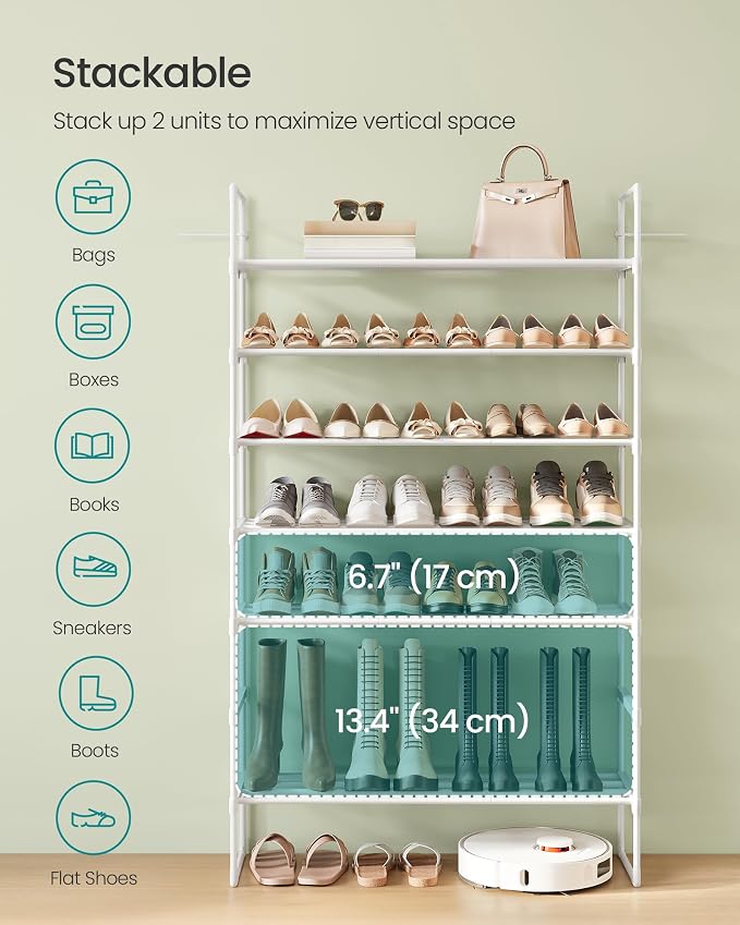 SONGMICS Shoe Rack, 4-Tier Shoe Organizer, Metal Storage Shelf | for Entryway, Upright or Upside Down, for 20-25 Pairs, Stackable, 11.8 x 36.2 x 29.1 Inches, Pearl White ULSA014WK01 - Image 6
