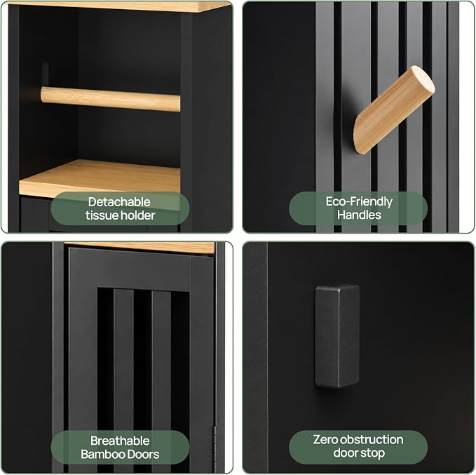 Narrow Bathroom Storage Cabinet with Toilet Paper Holder, Black - Image 4