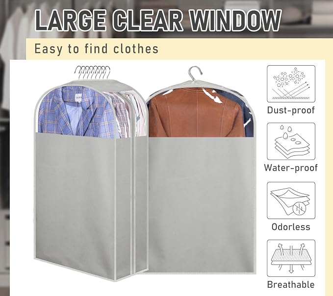 MISSLO 10" Gusseted Garment Bags for Hanging Clothes 32" Suit Bags for Closet Storage Clothing Covers for Shirts, Coats, 3 Packs, Grey - Image 5