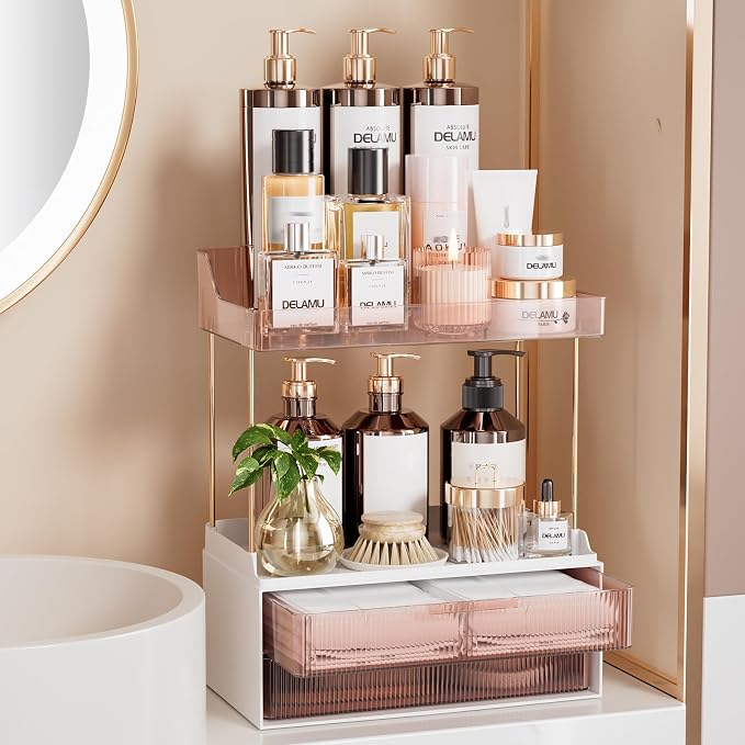 Delamu 4-Tier Makeup Organizer, Bathroom Counter, 2 Drawers, Grapefruit by DELAMU