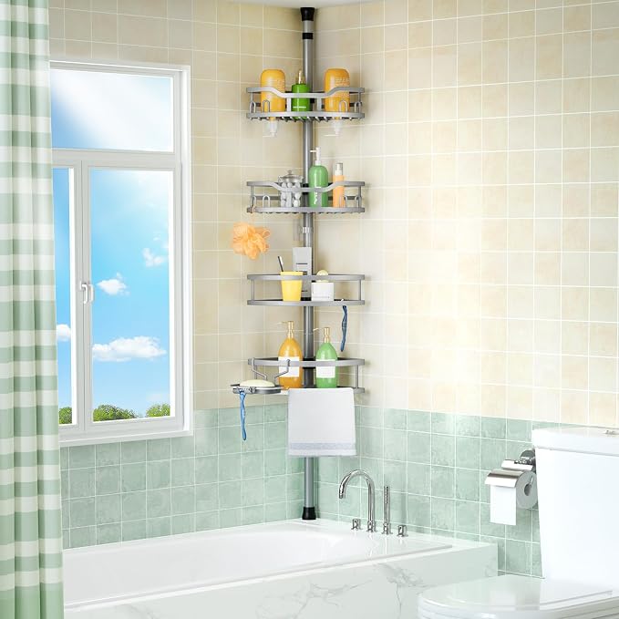 HAMITOR Corner Shower Caddy Tension Pole: Rustproof Stable 4-Tier Bathroom Organizer Shelves for Bathtub Shampoo Storage - 47-121 Inch Quick Install Adjustable Shelf with Soap Rack - Silver Gray - Image 7