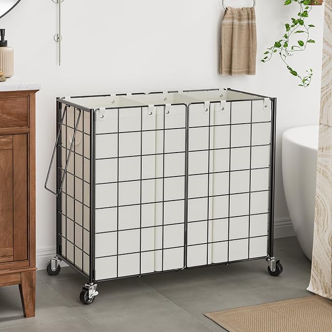 WOWLIVE Laundry Basket 3 Section with Wheels, Metal Rolling Laundry Hamper - Image 2