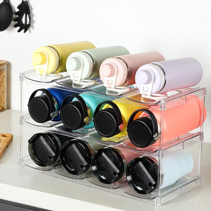 LARGER Compartment - 3 Tier Stackable Water Bottle Organizer Holder - for Stanley 40oz & Others' Large Tumbler - Clear Wine Rack, 12 Cup Bottle Holder for Cabinet Home Countertop Fridge Pantry Shelf - Image 6