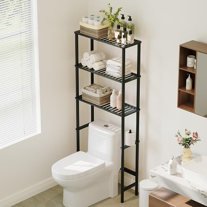 Over The Toilet Storage,3-Tier Bamboo Bathroom Shelf with Paper Holder by Vellzeyce