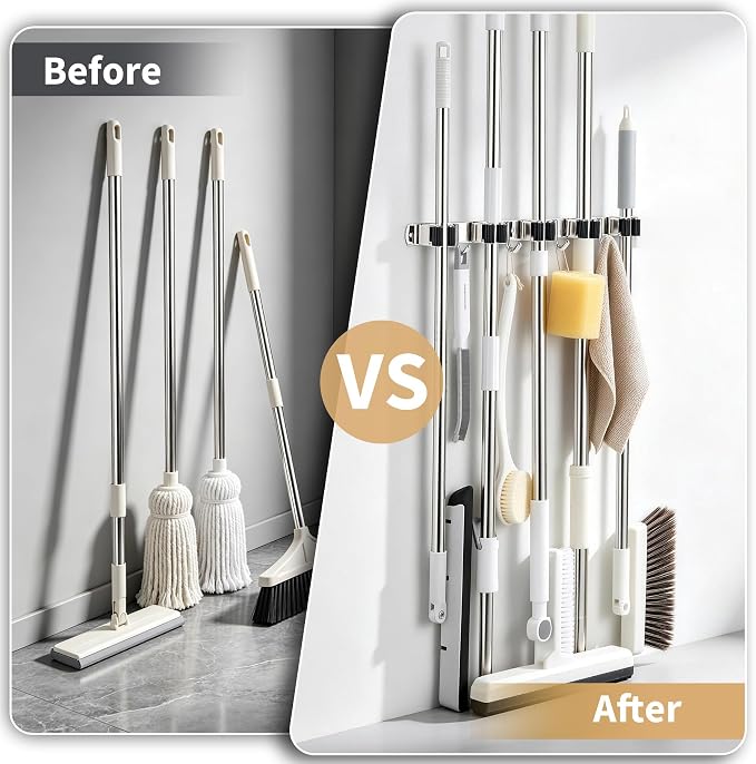 Broom Holder Wall Mount, Mop Organizer, 5 Racks, 4 Hooks, Heavy Duty - Image 4