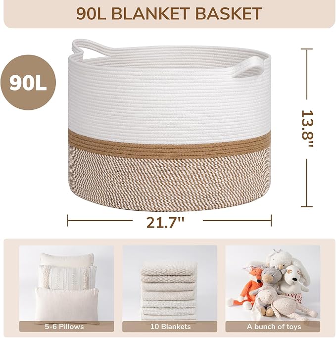 INDRESSME XXXLarge Woven Rope Blanket Basket Living Room White Camel, 90L - Image 3