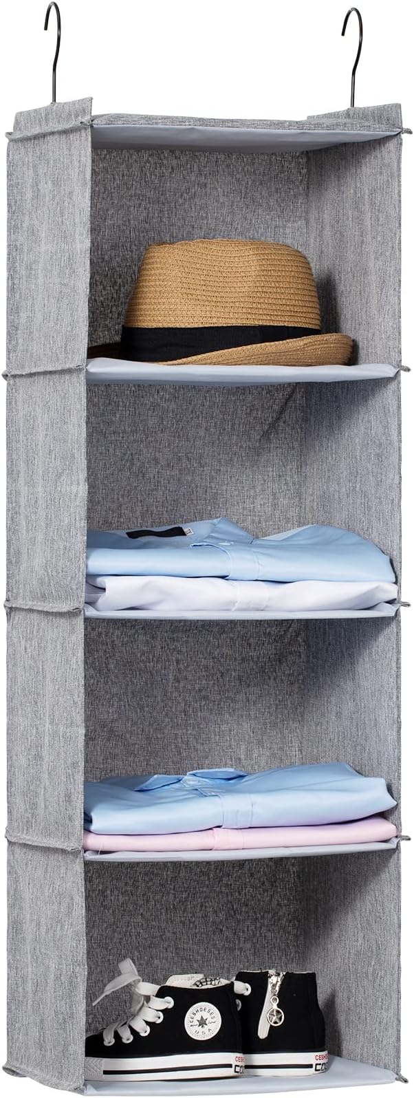 Hanging Closet Organizer 4-Shelf, Oxford Linen Wardrobe Storage, Gray | Easy-mount foldable design holds clothes, handbags, shoes & accessories; washable Oxford fabric, sturdy and space-saving. by DonYeco