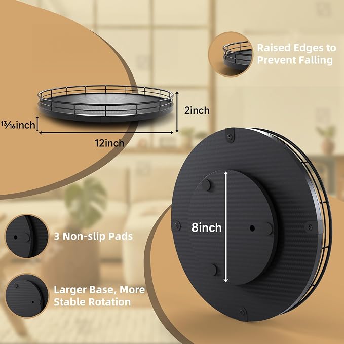 12" Lazy Susan Turntable Organizer for Table Top, Round Wooden Lazy Susan for Cabinet Kitchen Decor Centerpieces Coffee Table, Storage Condiments Spices, Bathroom Vanity Tray for Soap, Black - Image 2