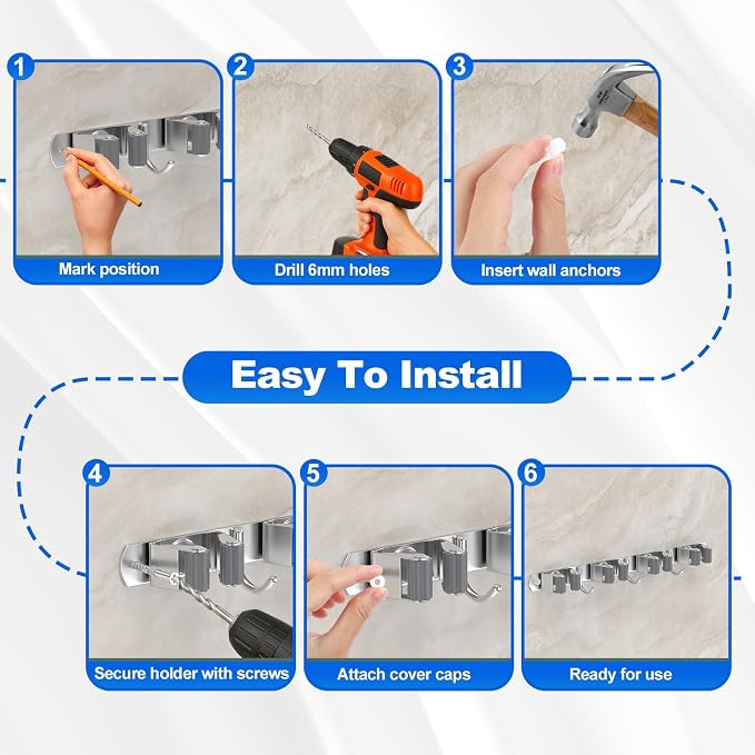 Broom Holder Wall Mount Mop Organizer, 4 Racks 3 Hooks, 2 Pack - Image 4
