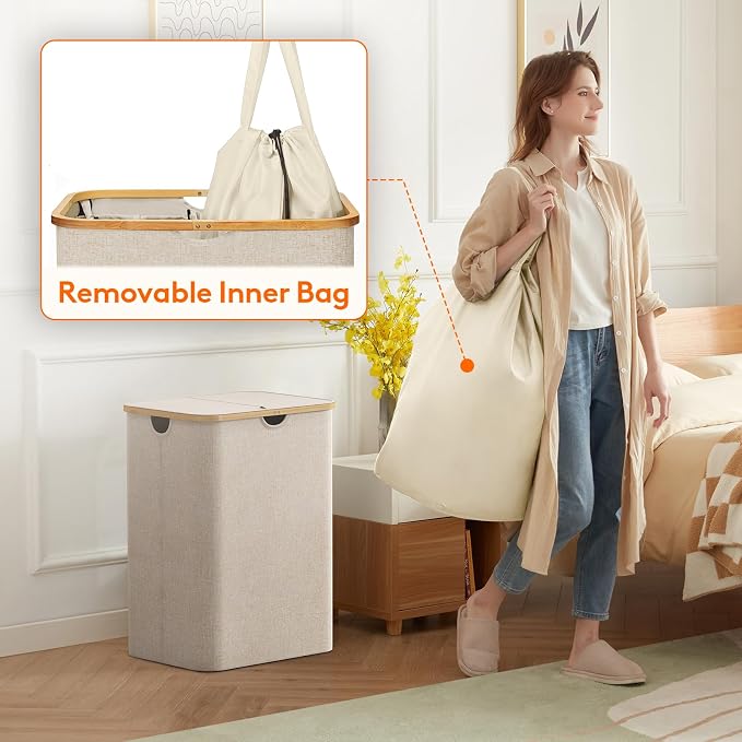 Lifewit 150L Large Laundry Basket with Lid, 2 Removable Bags, Beige - Image 3