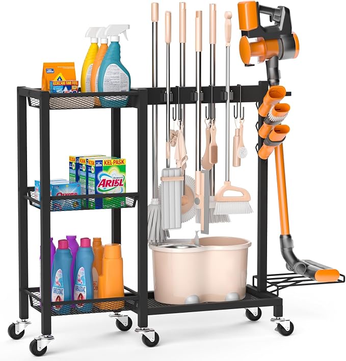 Broom Holder with Cleaning Supplies Organizer, 30.7"Wx11.8"Dx34.6"H by FLOUREEbyFetchHome