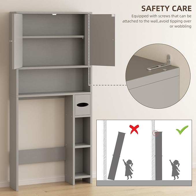 Shintenchi Over the Toilet Storage Cabinet, Bathroom Storage Cabient with Barn Doors, Bathroom Storage Shelf Organizer with Toilet Paper Holder, Adjustable Shelf and Anti-Tip Device, Gray - Image 6