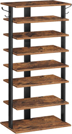 HOOBRO 8 Tiers Vertical Shoe Rack, Wooden Shoe Storage Organizer with Hooks, Narrow Shoe Tower for 16 Pairs, Space Saving, for Entryway, Living Room, Bedroom, Rustic Brown BF750XJ01 by HOOBRO
