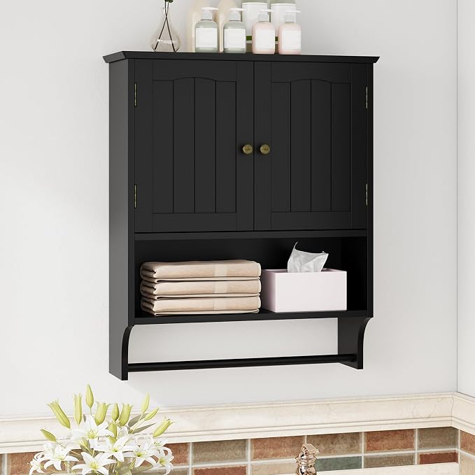 Black Bathroom Cabinet with Towel Rack, Bathroom Wall Cabinet with 2 Doors and Adjustable Shelf, Medicine Cabinet Wall Mount, Over The Toilet Storage - Image 3